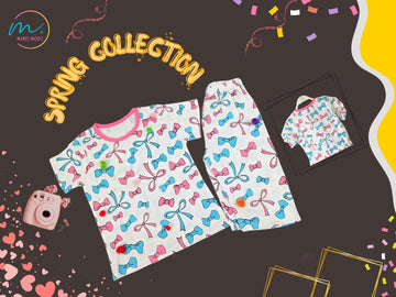 Ribbon Print Shirt & Pant Set for Girls – Soft Cotton Dress Sleepwear | Suitable for Kids, Toddlers, and Infants