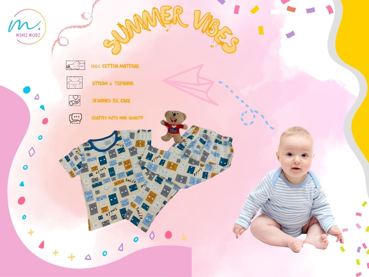 Smile Teddy Print Pyjama Set Cotton Nightwear Set – Soft Summer Kidswear