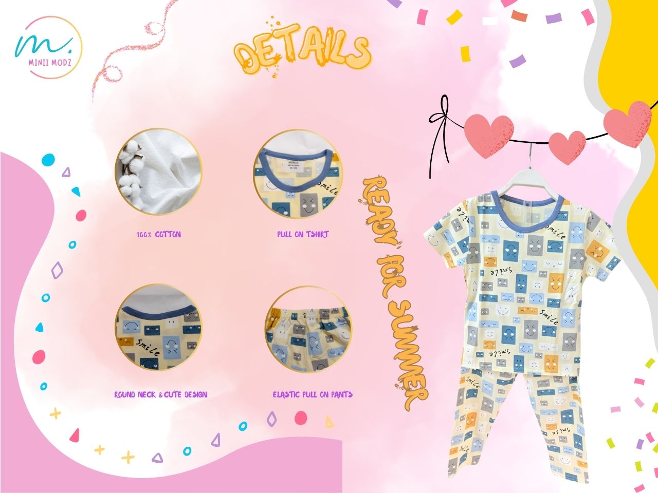 Smile Teddy Print Pyjama Set Cotton Nightwear Set – Soft Summer Kidswear