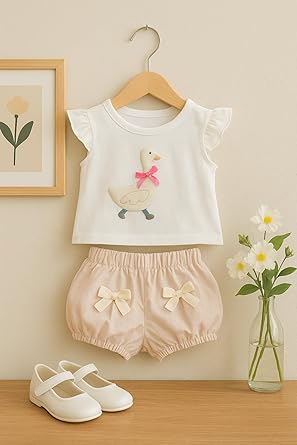 MINII MODZ Duck Appliqué Mini Shorts Set for Girls | Cute Summer Outfit with Bow Details | Ages 2–6 Years