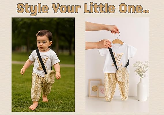 VL Brown Pouch Girl Pant Top Set with Sling Bag | Ethnic Inspired Clothes | Ethnic Sets for Girls