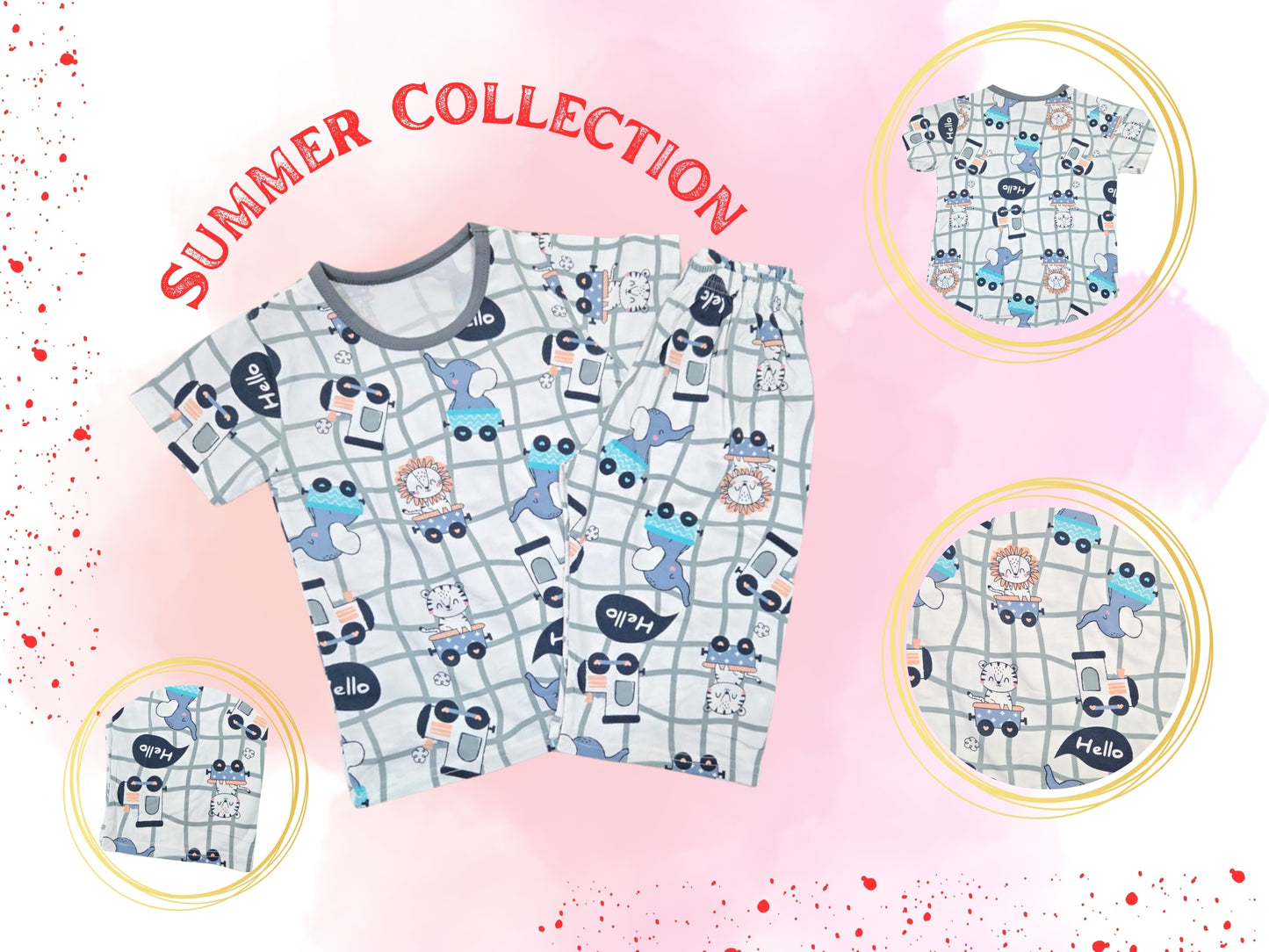 Calf Hello Print Sleepwear Kids Night Suit Top & Bottom Pyjama Set
