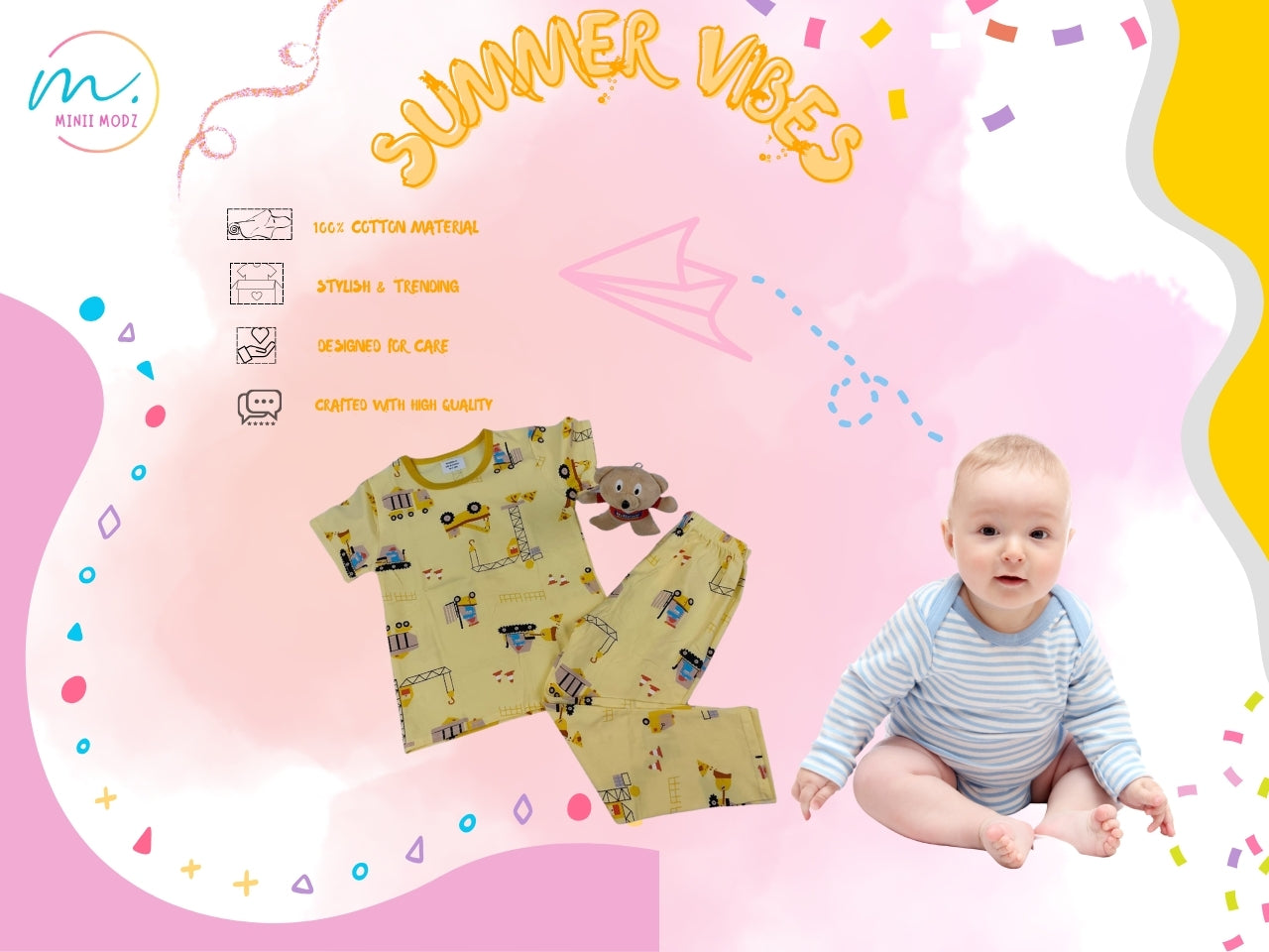 Crane Cartoon Pajama Set – Soft Cotton Nightwear for Kids