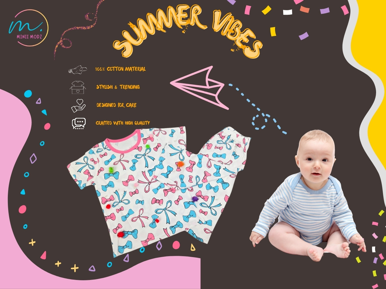 Ribbon Print Shirt & Pant Set for Girls – Soft Cotton Dress Sleepwear | Suitable for Kids, Toddlers, and Infants