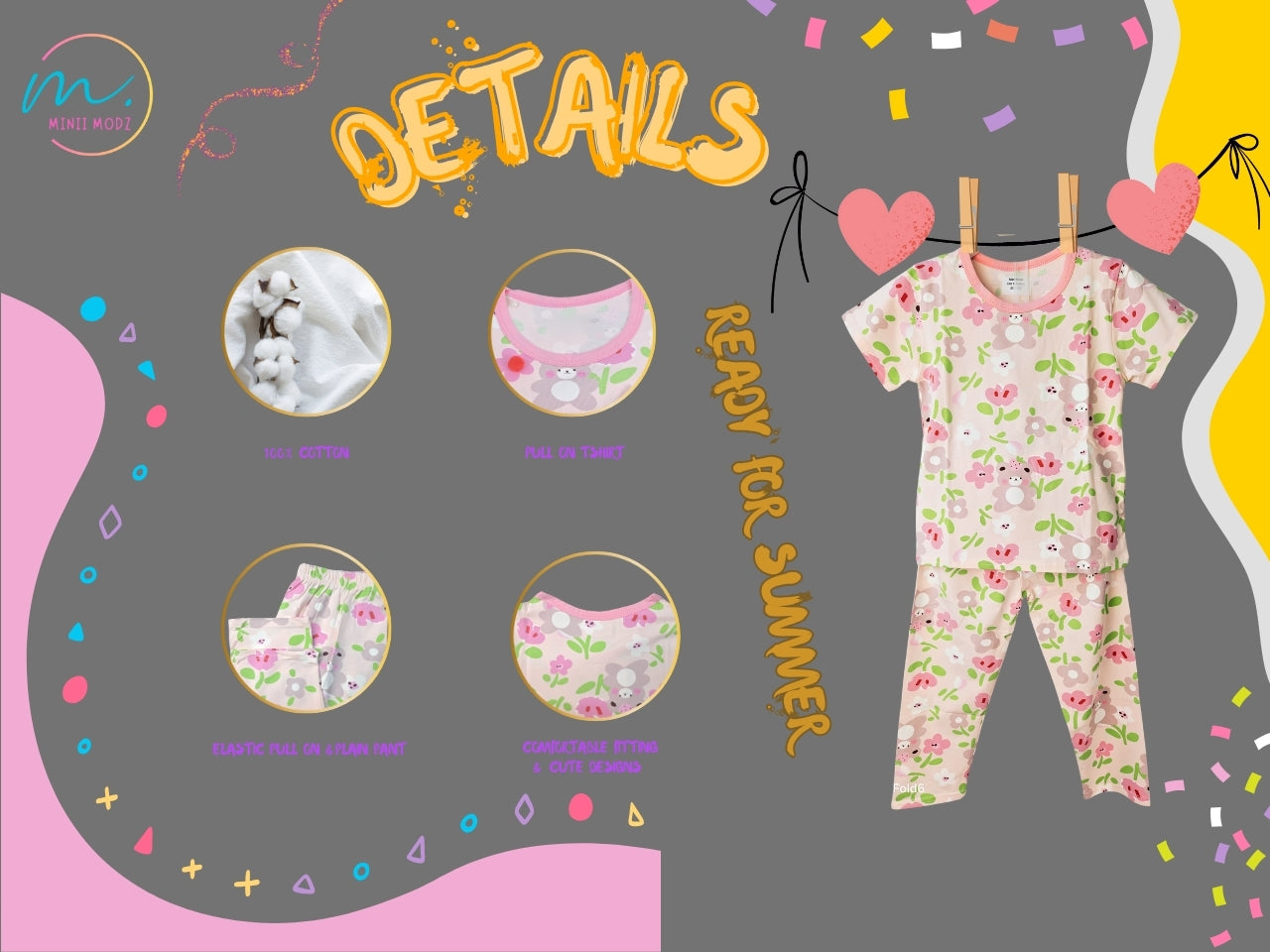 Pink Flower Teddy Print Shirt & Pant Set for Girls – Soft Cotton Dress Sleepwear | Suitable for Kids, Toddlers, and Infants