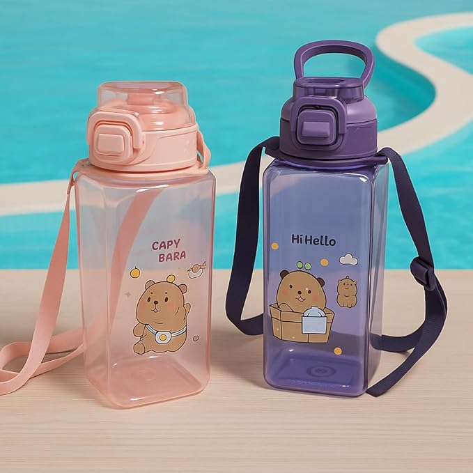 HELLO Transparent Square Water Bottle for Kids | 500ml BPA-Free Plastic Bottle with Straw – Peach & Purple
