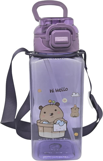 HELLO Transparent Square Water Bottle for Kids | 500ml BPA-Free Plastic Bottle with Straw – Peach & Purple