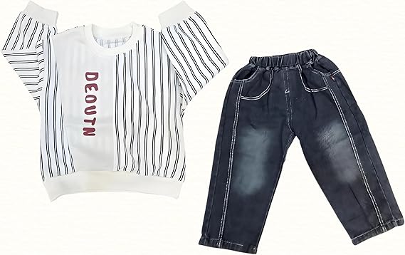 DEOUTN Name Print Stripes Design Pant & Full Sleeve Shirt Set for Boys | Pant Top Set for Boy