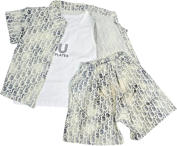 PLATES Print 3 Piece Set Pant, Half Sleeve T-Shirt & Sleeveless Undershirt for Boys | Casual & Picnic Wear