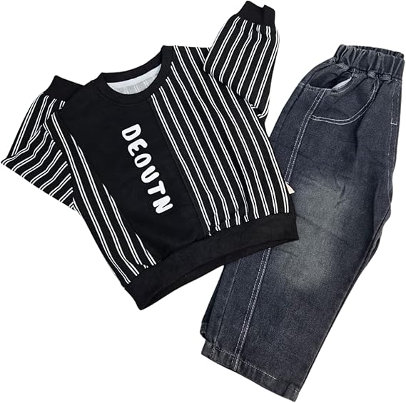 DEOUTN Name Print Stripes Design Pant & Full Sleeve Shirt Set for Boys | Pant Top Set for Boy