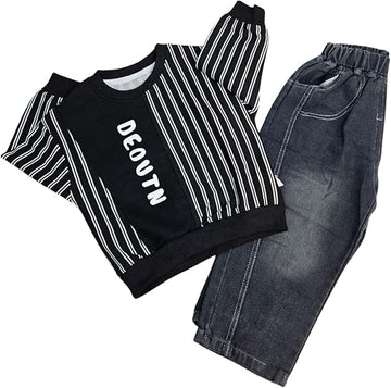 DEOUTN Name Print Stripes Design Pant & Full Sleeve Shirt Set for Boys | Pant Top Set for Boy