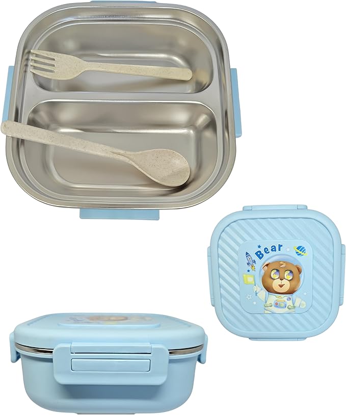 Ben Too Lunch Box for Kids – 2 Compartment Stainless Steel Tiffin with Fork & Spoon