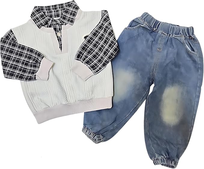 MINII MODZ Boys Co-Ord Set – Sweatshirt with Collar & Printed Shirt Design Paired with Denim Pants