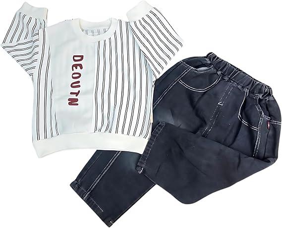 DEOUTN Name Print Stripes Design Pant & Full Sleeve Shirt Set for Boys | Pant Top Set for Boy