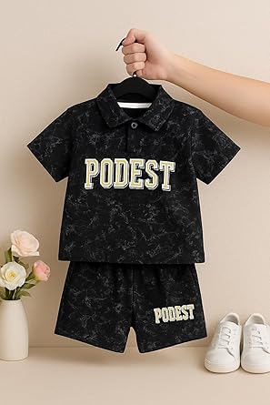 Podest Print Black Short Pant & Half Sleeve T-Shirt Set for Boys | Casual & Festive Wear