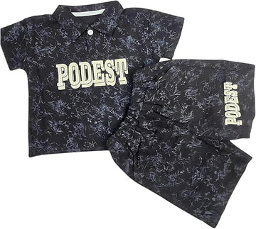Podest Print Black Short Pant & Half Sleeve T-Shirt Set for Boys | Casual & Festive Wear