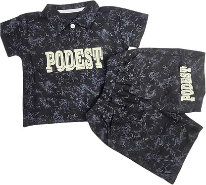 Podest Print Black Short Pant & Half Sleeve T-Shirt Set for Boys | Casual & Festive Wear