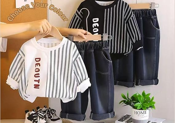 DEOUTN Name Print Stripes Design Pant & Full Sleeve Shirt Set for Boys | Pant Top Set for Boy