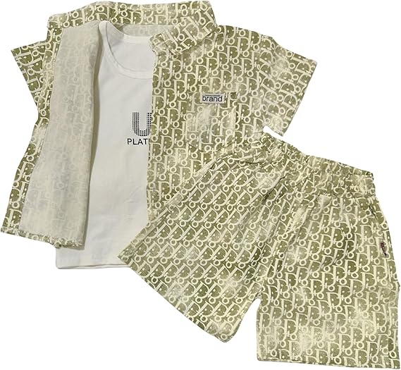 PLATES Print 3 Piece Set Pant, Half Sleeve T-Shirt & Sleeveless Undershirt for Boys | Casual & Picnic Wear