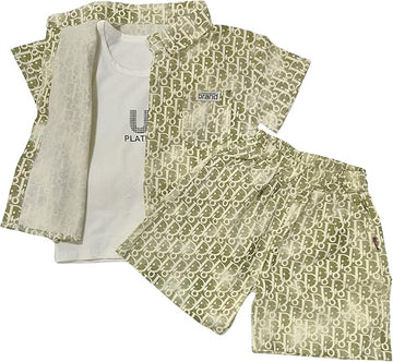 PLATES Print 3 Piece Set Pant, Half Sleeve T-Shirt & Sleeveless Undershirt for Boys | Casual & Picnic Wear