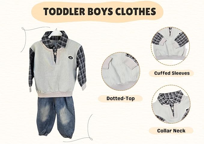 MINII MODZ Boys Co-Ord Set – Sweatshirt with Collar & Printed Shirt Design Paired with Denim Pants