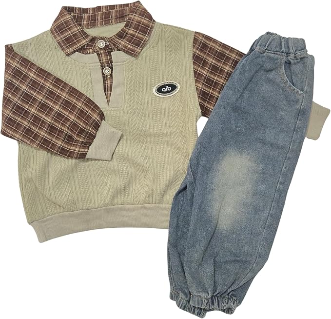 MINII MODZ Boys Co-Ord Set – Sweatshirt with Collar & Printed Shirt Design Paired with Denim Pants