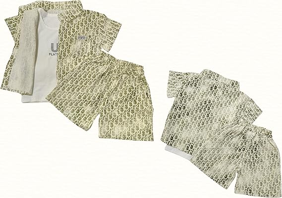 PLATES Print 3 Piece Set Pant, Half Sleeve T-Shirt & Sleeveless Undershirt for Boys | Casual & Picnic Wear