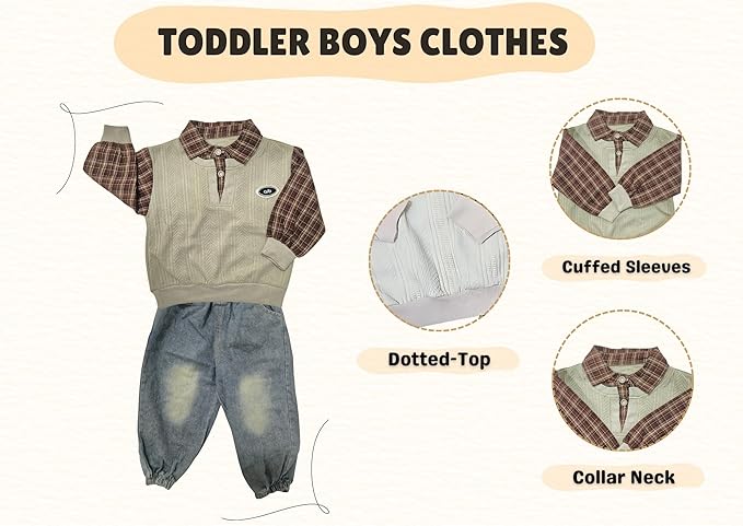MINII MODZ Boys Co-Ord Set – Sweatshirt with Collar & Printed Shirt Design Paired with Denim Pants