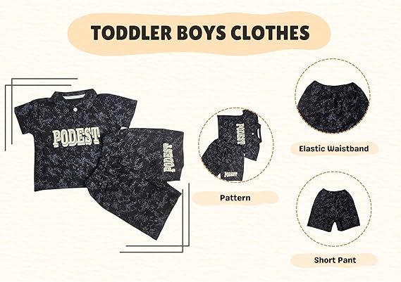 Podest Print Black Short Pant & Half Sleeve T-Shirt Set for Boys | Casual & Festive Wear
