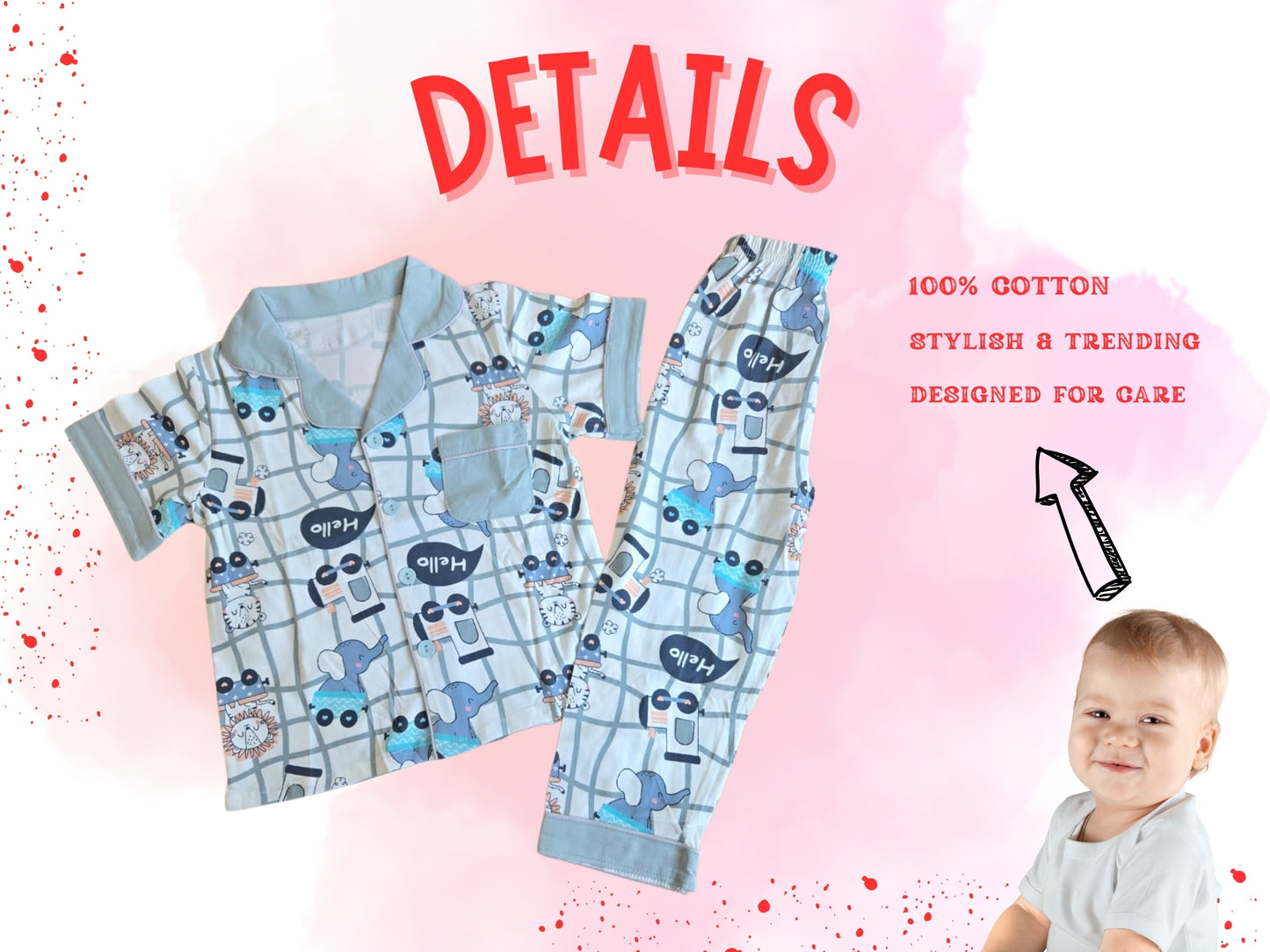 Snuggle Phant Elephant Print Kids Night Suit Pyjama Set | Cotton Top & Bottom Dress for Infant, Toddlers & Child