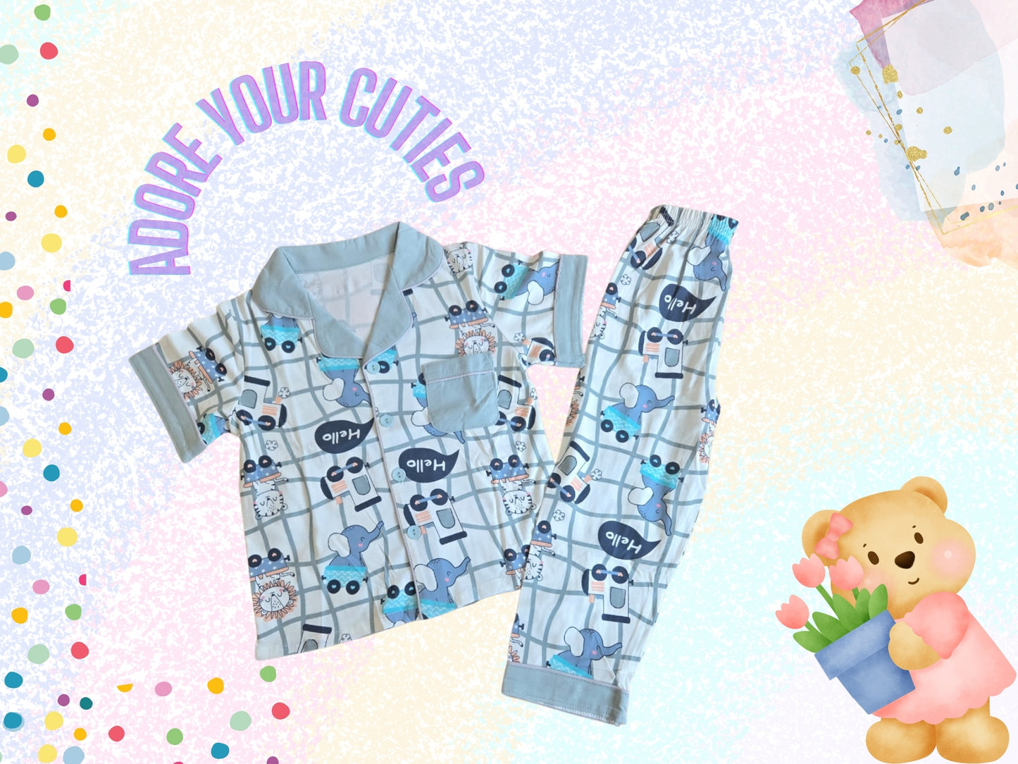 Snuggle Phant Elephant Print Kids Night Suit Pyjama Set | Cotton Top & Bottom Dress for Infant, Toddlers & Child