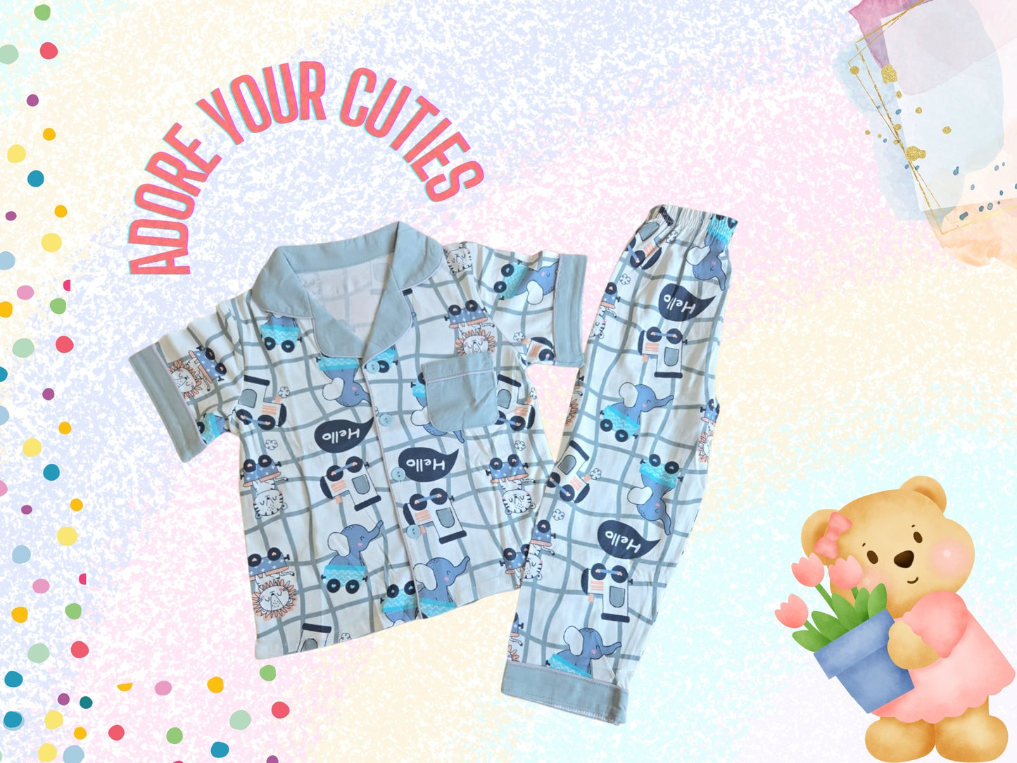 Snuggle Phant Elephant Print Kids Night Suit Pyjama Set | Cotton Top & Bottom Dress for Infant, Toddlers & Child